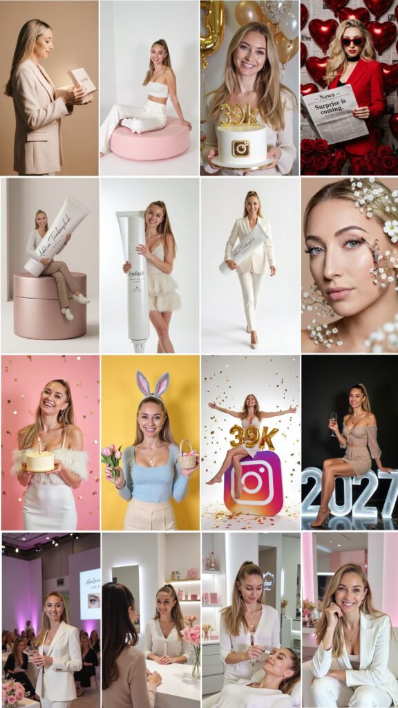 Eine Collage von mehreren Fotos die alle von Adeline sind und von einer KI erstellt wurden als Beispiel für den Kurs Dein KI Zwilling